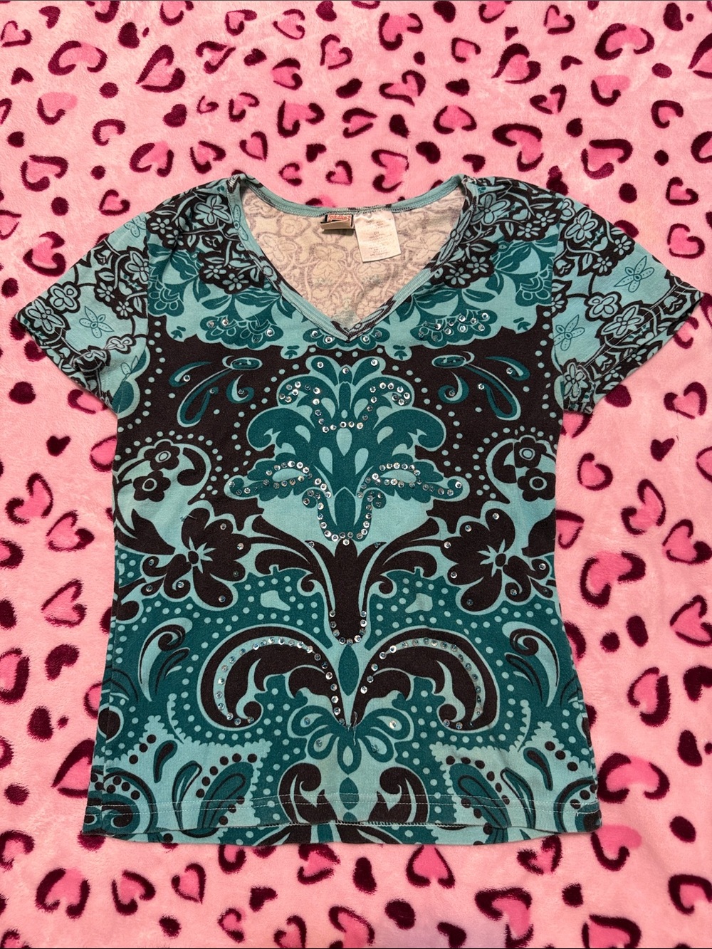 Y2K Vintage V-Neck Blue and Dark Brown Printed Short Sleeve Tee